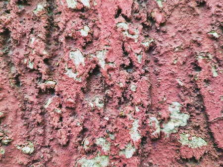 A detailed close-up of a damaged red exterior wall in Budapest showing cracked paint and rough...