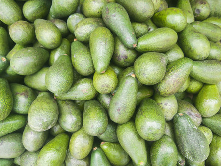 Large Pile of Fresh Green Avocados at a Local Market, Top-Down Photography of Ripe Tropical Fruits...