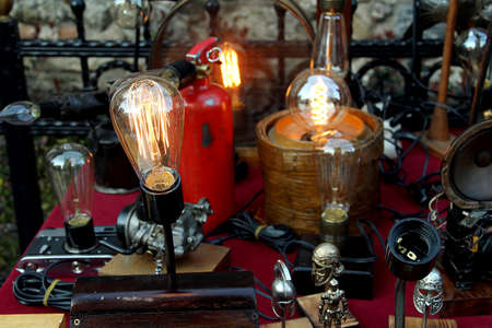 antiques and Filament tungsten lamps. Edison's bulb. Filament filaの写真素材
