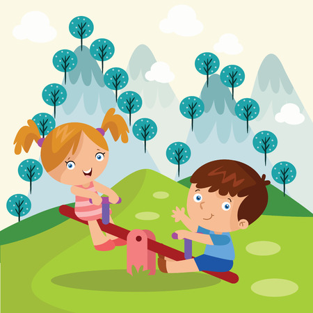 Kids playing see-saw in the park Vector illustration.のイラスト素材