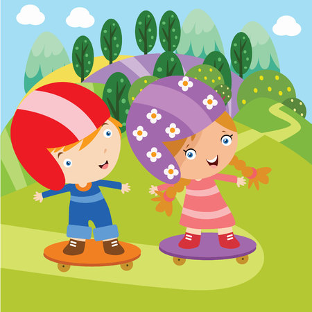 Kids playing skateboard in the parkのイラスト素材