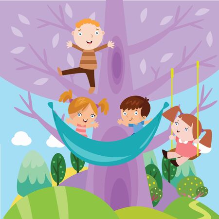 Kids playing on a giant purple tree cartoonのイラスト素材