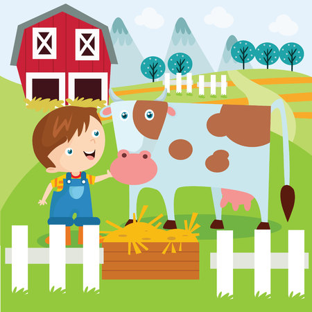 A boy playing with cow in the barnのイラスト素材
