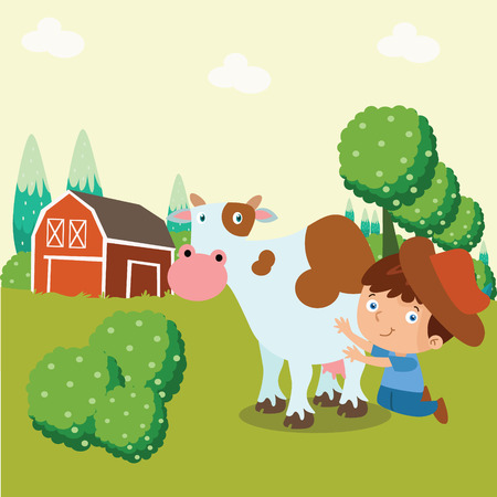 A boy milking a cow in the barnのイラスト素材
