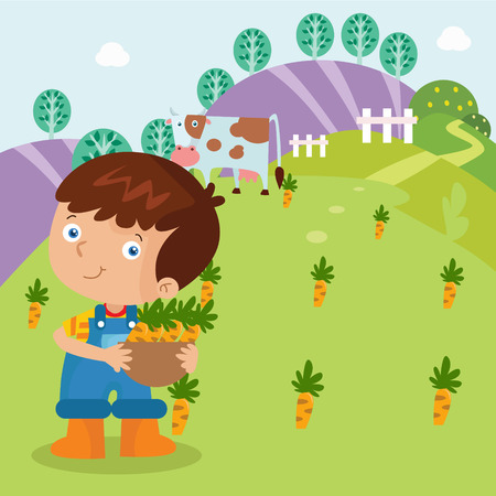 a boy harvesting carrot Vector illustration.のイラスト素材