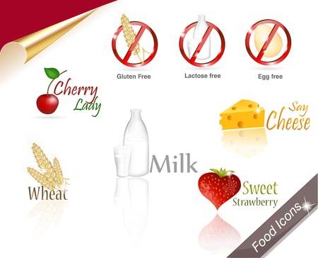 Food icon collection. Gluten free, lactose free and egg free, wheat, strawberry, cherry, milk and cheese. Beautiful bright colors, elegant design.のイラスト素材
