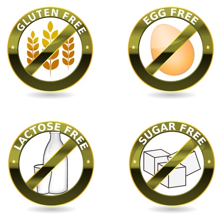 Beautiful diet icon collection  Gluten free, lactose free and egg free  Can be used as a stamp, emblem, seal, badge, on a packaging etc  Beautiful harmonic colors and elegant design  のイラスト素材