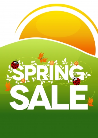 Spring sale poster. Beautiful colorful illustration with flowers, ladybugs and butterflies. Bold and brightのイラスト素材