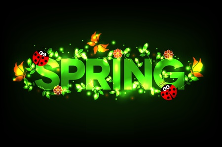 Spring  Beautiful colorful illustration with flowers, ladybugs and butterflies  Black background, sparkling green leafsのイラスト素材