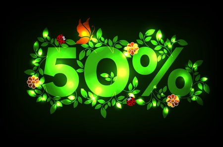 Beautiful 50  discount design on a black background  Luminous bright green  colors  For spring or summer sale のイラスト素材