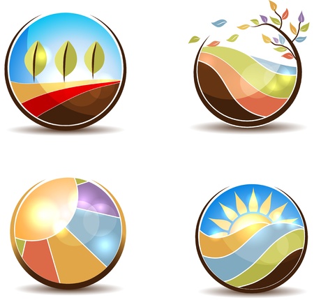 Colorful nature illustrations in the round shapes  Flying leafs, meadow, sunrise, fields and trees    on a white background のイラスト素材