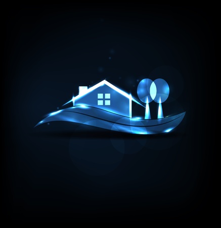 Beautiful house and trees illustration  Beautiful garden, trees and lawn  Blue design, bright and bold のイラスト素材