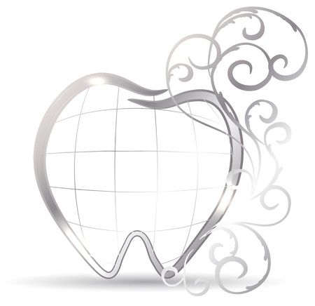 Beautiful tooth illustration. Silver tooth and abstract swirls. Luxury dental careのイラスト素材