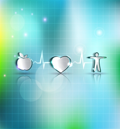 Medical health care concept illustration. Healthy food and fitness leads to healthy heart and life. Symbols connected with heart rate monitoring line. Beautiful bright design.のイラスト素材