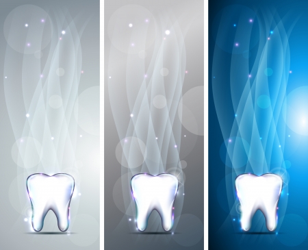 Beautiful tooth banners, three colors. Bright and shining designs. Luxury dental care.のイラスト素材