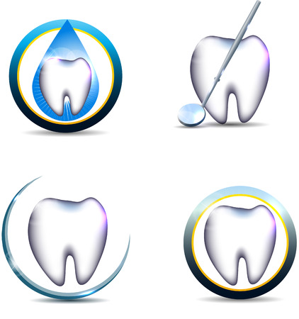 Healthy teeth symbols, various designs. Beautiful and bright designs. Isolated on a white background. Tooth with mirror, tooth in the drop and other designs.のイラスト素材