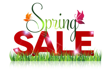 Seasonal sale offer message. Spring sale and grass with beautiful reflection on a white background.のイラスト素材