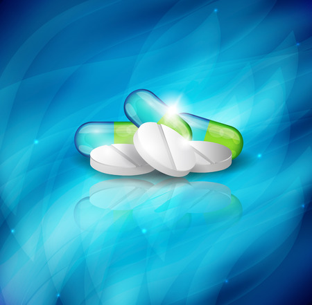 Blue, green and white pills. Beautiful realistic illustration. Bright blue abstract backgroundのイラスト素材