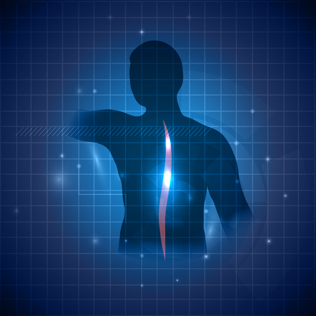 Human spine, backache healing concept. Deep blue color with light shades, vertebral column color is lighter and with little shine.のイラスト素材