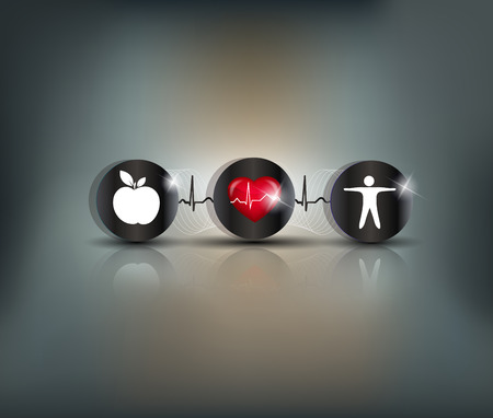 Exercise, healthy diet and Cardiovascular Health symbols connected with heart beat line. Stroke prevention.のイラスト素材