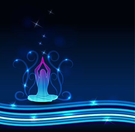 Woman meditate. Beautiful blue background, lines, swirly flowers and sparkling lights.のイラスト素材