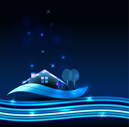 House on a beautiful blue background with shiny lines and starsのイラスト素材