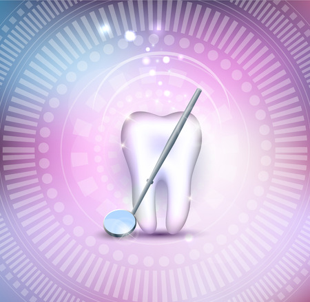 Beautiful healthy tooth with mirror on a colorful mesh backgroundのイラスト素材