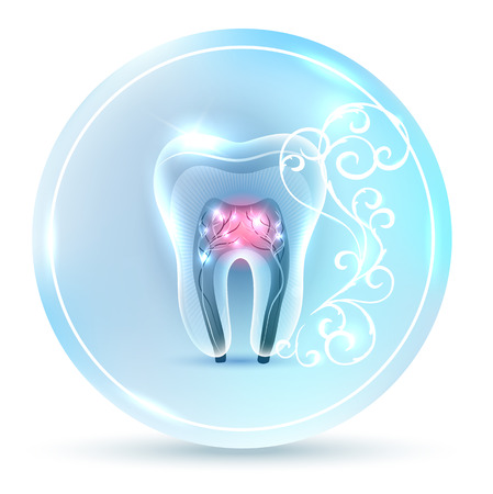 Beautiful clean artistic tooth anatomy icon, with white abstract swirly flower on a delicate clean blue backgroundのイラスト素材