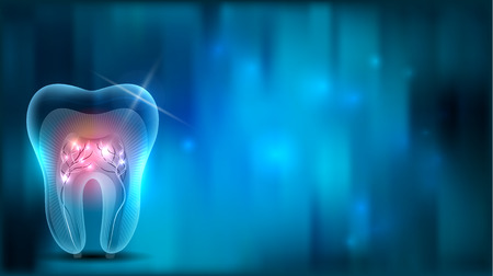 Beautiful transparent tooth with roots illustration, abstract blue artistic backgroundのイラスト素材