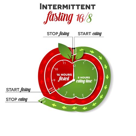 Intermittent fasting apple shape clock 16/8 for weight loss and health, clock shows step by step when to start, stop fasting and eating, beautiful bright diet concept designのイラスト素材
