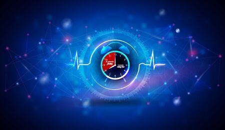 Intermittent Fasting clock inside the abstract heart beat line as a health care concept on an abstract blue scientificのイラスト素材