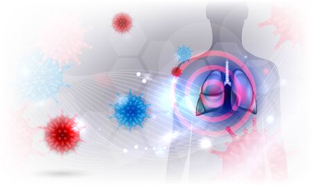 Virus attack to the respiratory system and can cause flu and pneumonia on a light grey glowing background.のイラスト素材