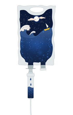 Infusion therapy treatment concept illustration. Night, moon, stars and ocean with waves and a small ship inside the bagのイラスト素材