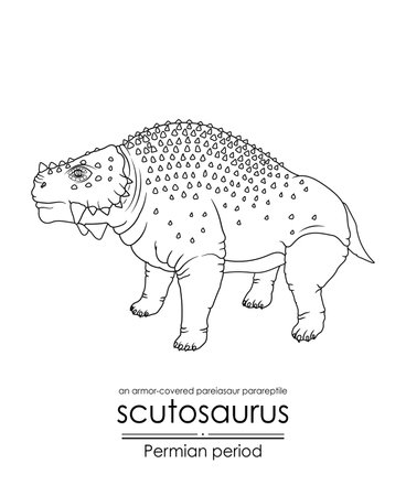 Scutosaurus, a Permian period prehistoric armor-covered pareiasaur parareptile, black and white line art. Perfect for coloring and educational purposes.のイラスト素材