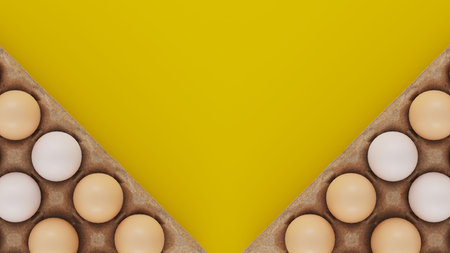 Top view, fresh chicken eggs isolated on a yellow background. Natural healthy food and organic...