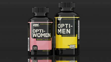 OPTI-WOMEN & OPTI-MEN - Optimun Nutrition. Editorial photograph of a food supplement product.OPTI-WOMEN & OPTI-MEN brand optimum nutrition. - Baku, Azerbaijan June, 06, 2020.のeditorial素材