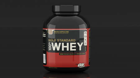 Whey Protein - Optimun Nutrition. Editorial photograph of a food supplement product. Whey protein brand optimum nutrition. Baku, Azerbaijan. June, 06, 2020のeditorial素材