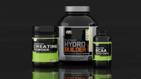 Optimun Nutrition products. Editorial photograph of a food supplement product.- Baku, Azerbaijan June, 06, 2020.のeditorial素材