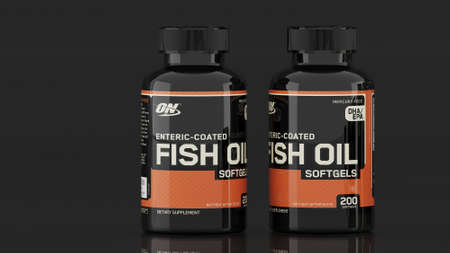 FISH OIL - Optimun Nutrition. Editorial photograph of a food supplement product. Fish oil brand optimum nutrition. Baku, Azerbaijan. June, 06, 2020のeditorial素材