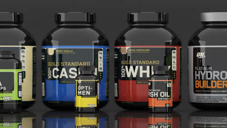 Optimun Nutrition products. Editorial photograph of a food supplement product.- Baku, Azerbaijan June, 06, 2020.のeditorial素材