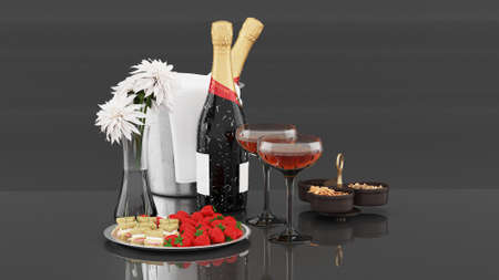 glass of wine, cheese and fresh strawberries on black tableの写真素材