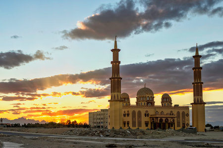 Egyptian mosque in the rays of the setting sun. Hurghada, El Gounaのeditorial素材