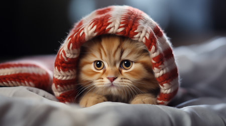 A funny kitten in a New Years hat. Happy waiting and preparation for the New Year and Christmas. Garlands and bokeh. Generative AIの素材