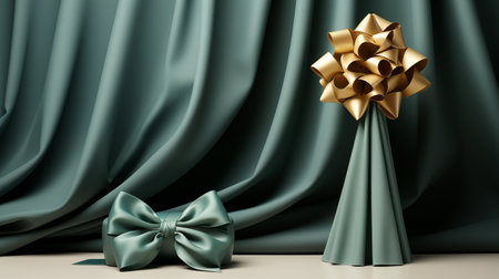Winter holiday concept, Christmas and New Year tree made of green ribbon surrounded by gifts. Copy space. Generative AIの素材
