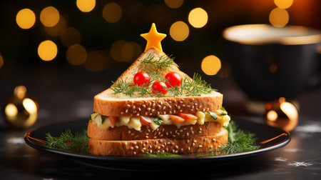 A funny sandwich with an edible Christmas tree. Happy waiting and preparation for the New Year and Christmas. Generative AIの素材