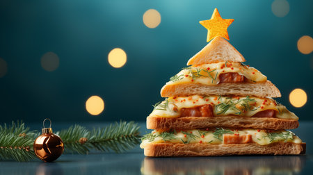 A funny sandwich with an edible Christmas tree. Happy waiting and preparation for the New Year and Christmas. Generative AIの素材