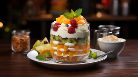 Natural breakfast. Fruity, healthy layered dessert in a glass in a cafe interior. Generative AIの素材