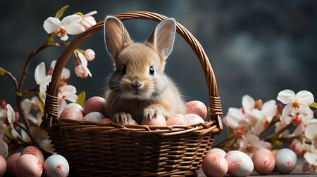 Easter bunny in an Easter basket nest with colorful Easter eggs. Christ is risen. Happy easter. Generative AIの素材