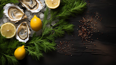 Open oysters with lemon slices, herbs and spices on a plate with crushed ice on a dark stone background. Healthy food, seafood, top view, place for inscription. Generative AIの素材