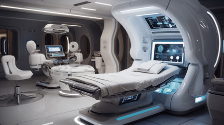 3D rendering of a medical room with x-ray machines.の素材